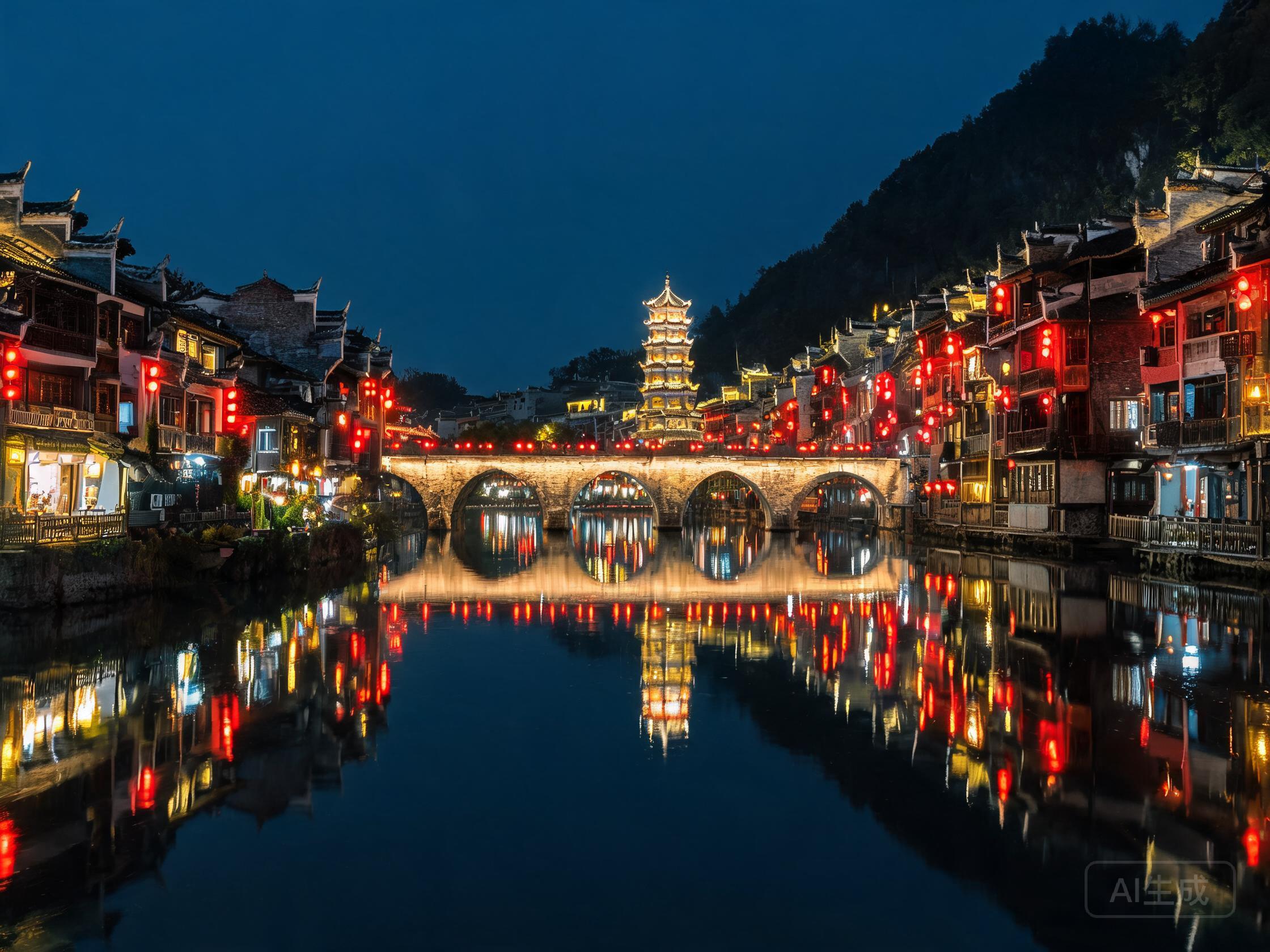 镇远古城夜色，舞阳河两岸红灯笼倒映水中